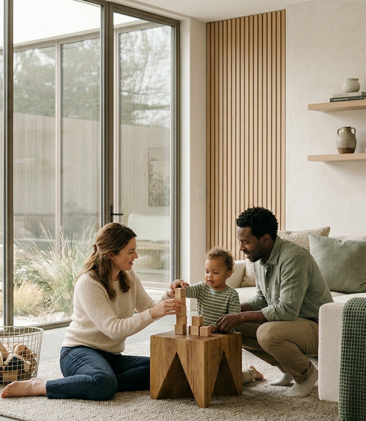 Parents interacting with their child in a warm sunlit room