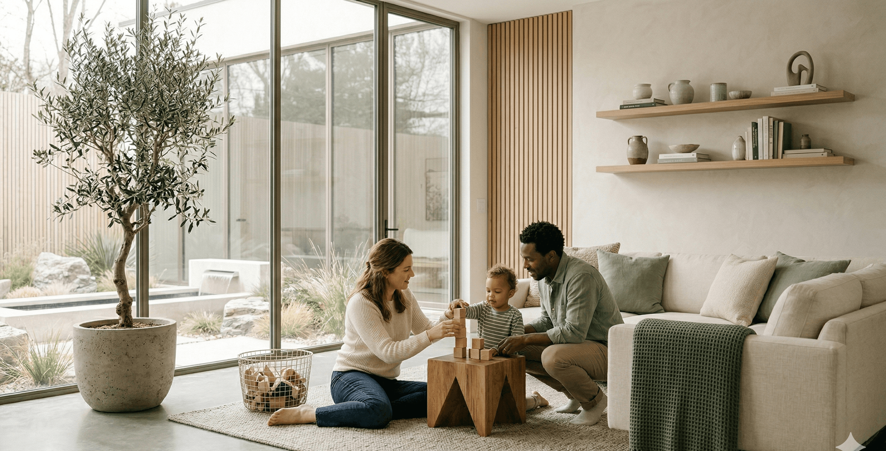 Parents interacting with their child in a warm sunlit room