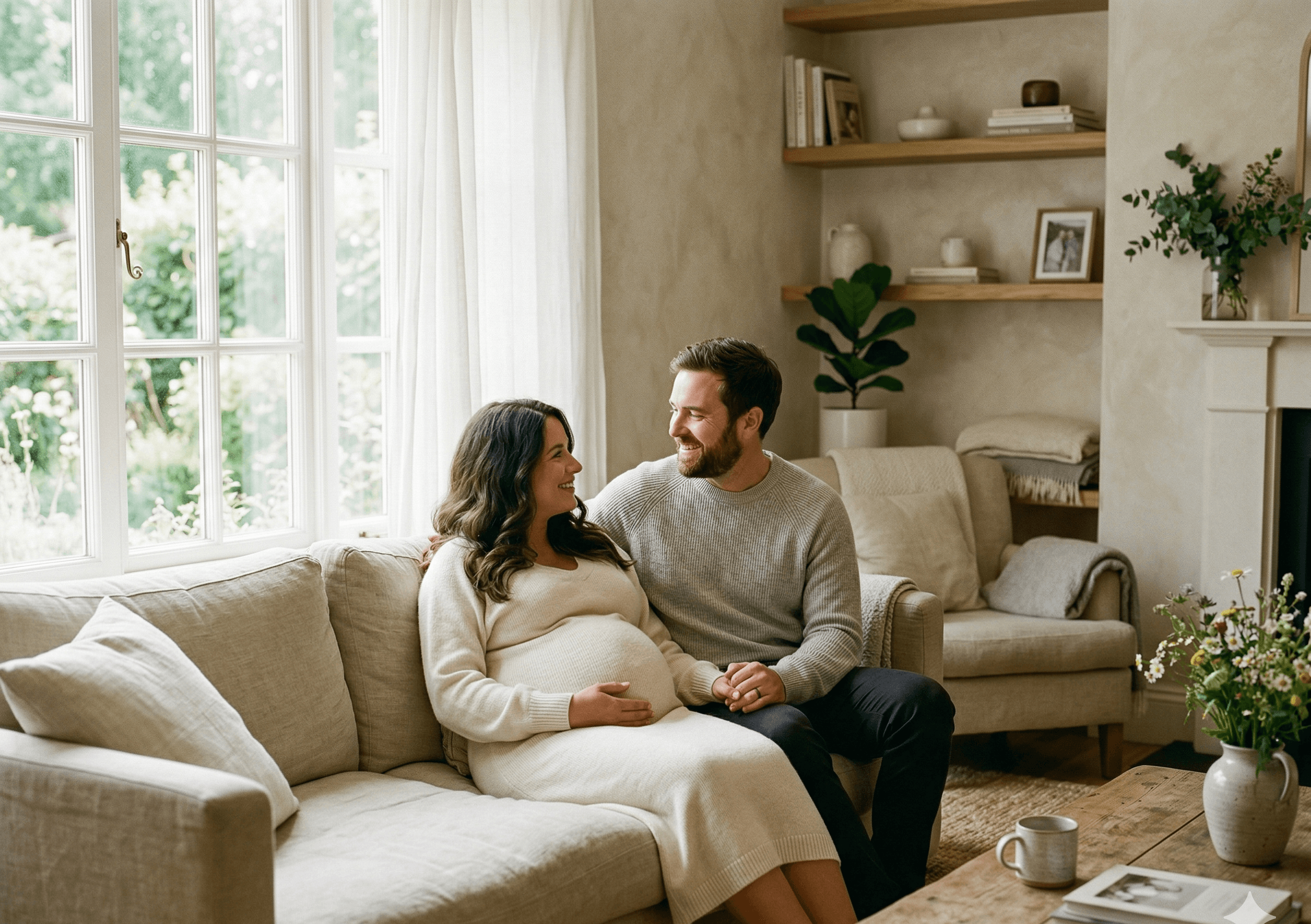A warm, sunlit moment capturing pregnant parents preparing for their child